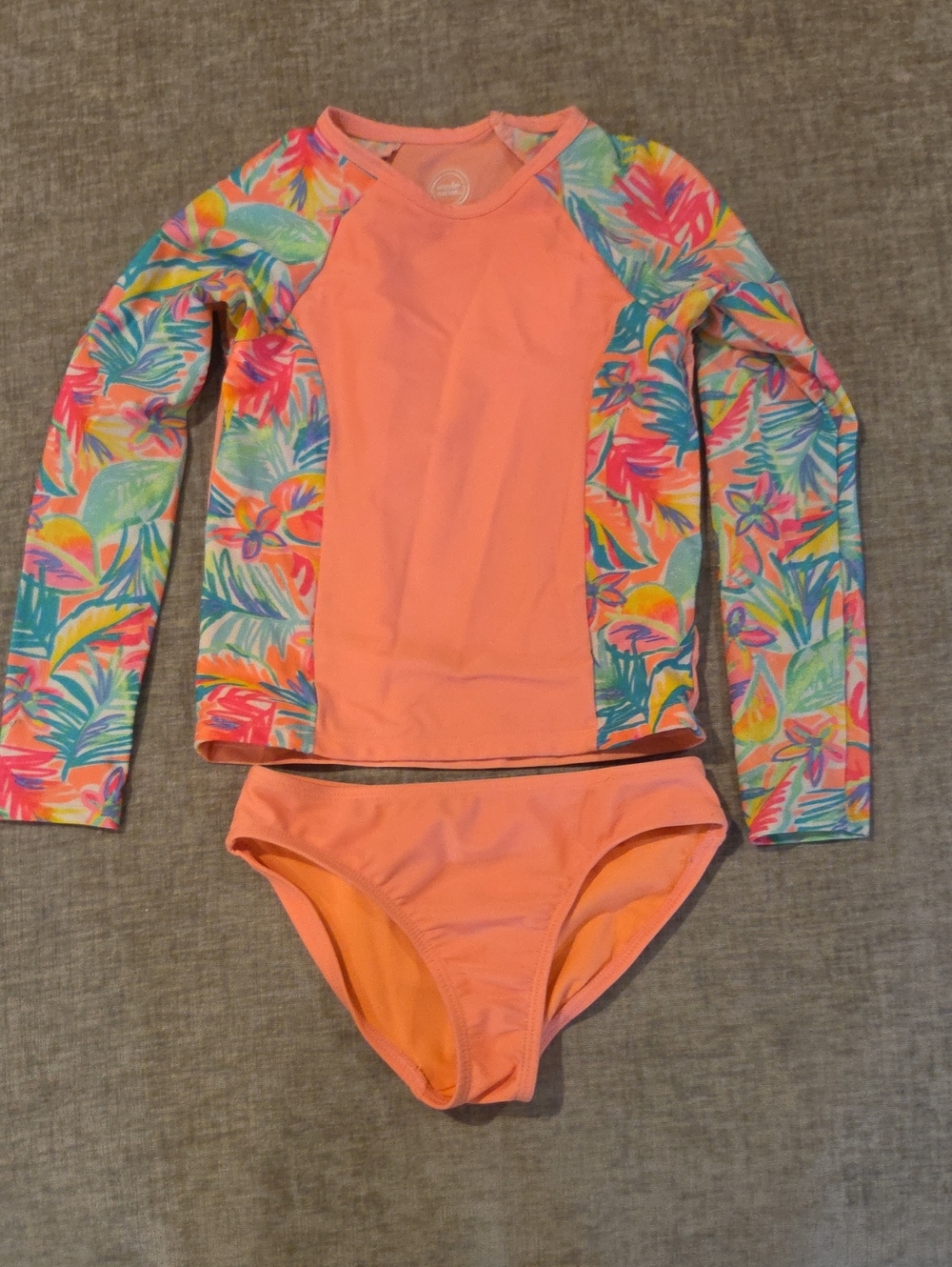 wonder nation Coral Pink Girls Long-Sleeve Rashguard Set with Tropical Print